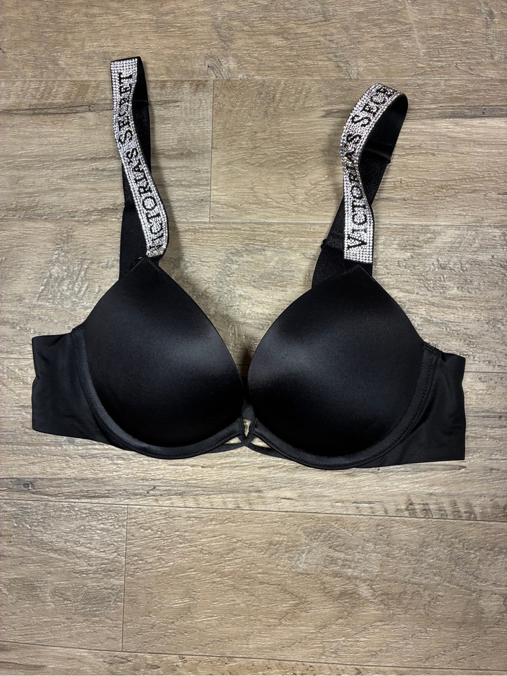 Victoria Secret Satin Bombshell Plunge Logo Rhinestone Strap Bra